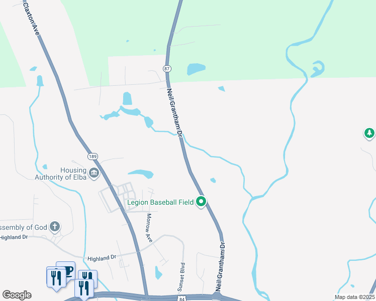 map of restaurants, bars, coffee shops, grocery stores, and more near 1176 Alabama 87 in Elba