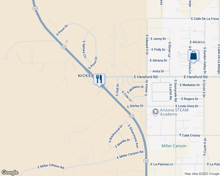 map of restaurants, bars, coffee shops, grocery stores, and more near 7238 South Hall Drive in Hereford