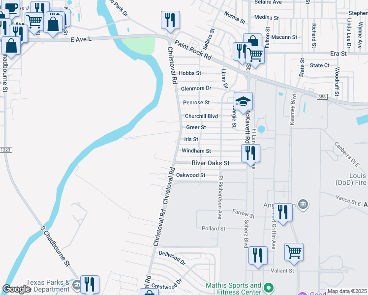 map of restaurants, bars, coffee shops, grocery stores, and more near 112 Windham Street in San Angelo