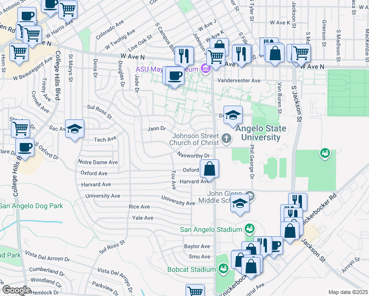 map of restaurants, bars, coffee shops, grocery stores, and more near 2511 Douglas Drive in San Angelo