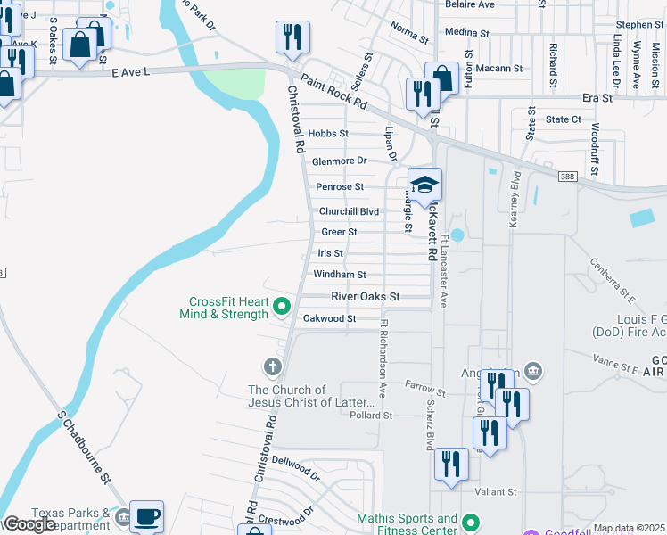map of restaurants, bars, coffee shops, grocery stores, and more near 130 Windham Street in San Angelo