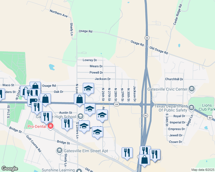 map of restaurants, bars, coffee shops, grocery stores, and more near 123 North 27th Street in Gatesville