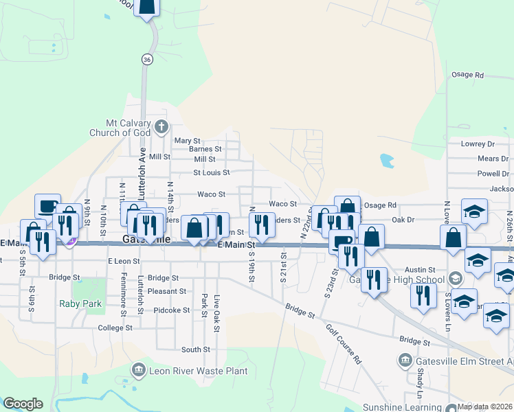 map of restaurants, bars, coffee shops, grocery stores, and more near 208 North 19th Street in Gatesville