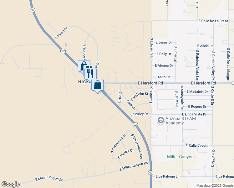 map of restaurants, bars, coffee shops, grocery stores, and more near 7238 South Hall Drive in Hereford