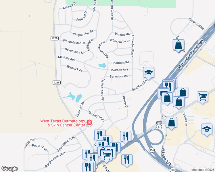 map of restaurants, bars, coffee shops, grocery stores, and more near 5930 Sheffield Drive in San Angelo