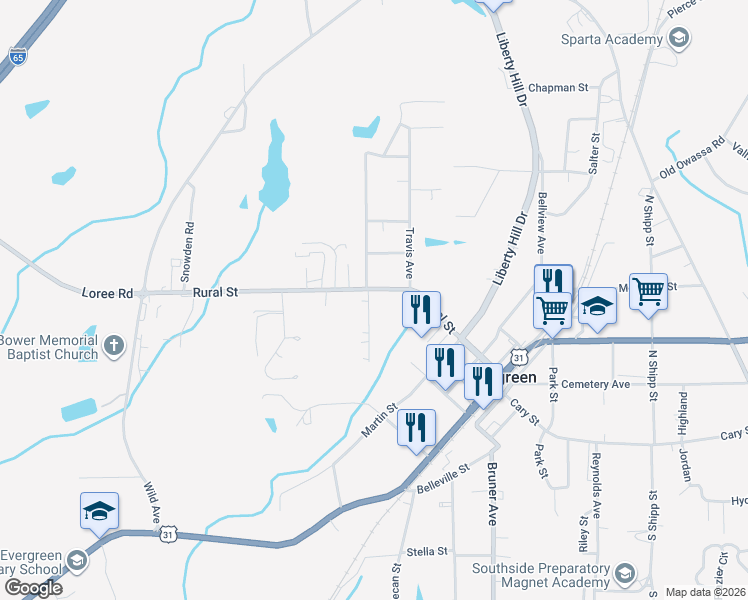 map of restaurants, bars, coffee shops, grocery stores, and more near 423-507 Rural Street in Evergreen