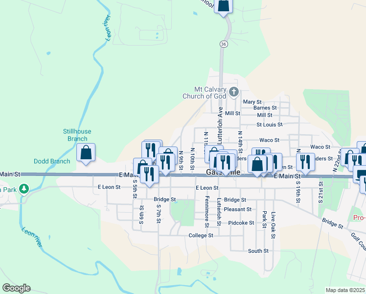 map of restaurants, bars, coffee shops, grocery stores, and more near 302 North 9th Street in Gatesville