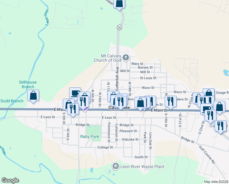 map of restaurants, bars, coffee shops, grocery stores, and more near 211 North Lutterloh Avenue in Gatesville