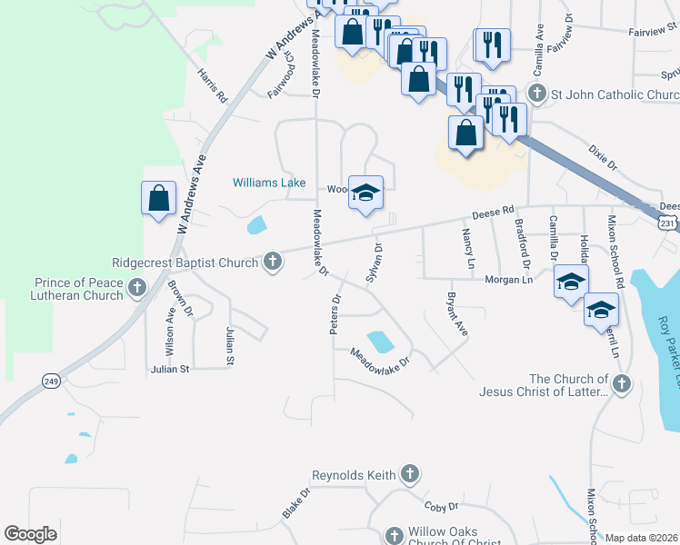 map of restaurants, bars, coffee shops, grocery stores, and more near 101-199 Peters Circle in Ozark