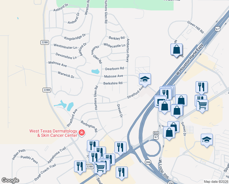 map of restaurants, bars, coffee shops, grocery stores, and more near 714 Penhurst Court in San Angelo