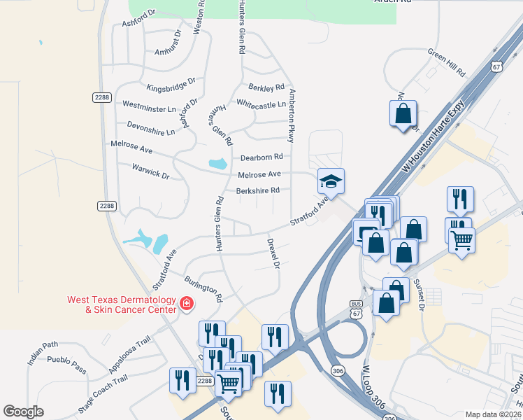 map of restaurants, bars, coffee shops, grocery stores, and more near 714 Penhurst Court in San Angelo