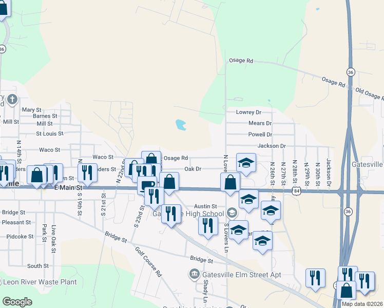 map of restaurants, bars, coffee shops, grocery stores, and more near 2421 Osage Road in Gatesville
