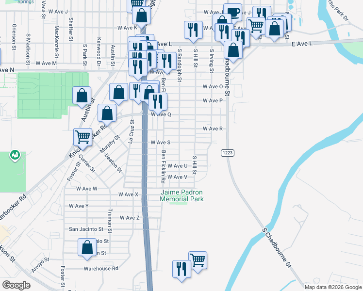 map of restaurants, bars, coffee shops, grocery stores, and more near 239 West Avenue South in San Angelo
