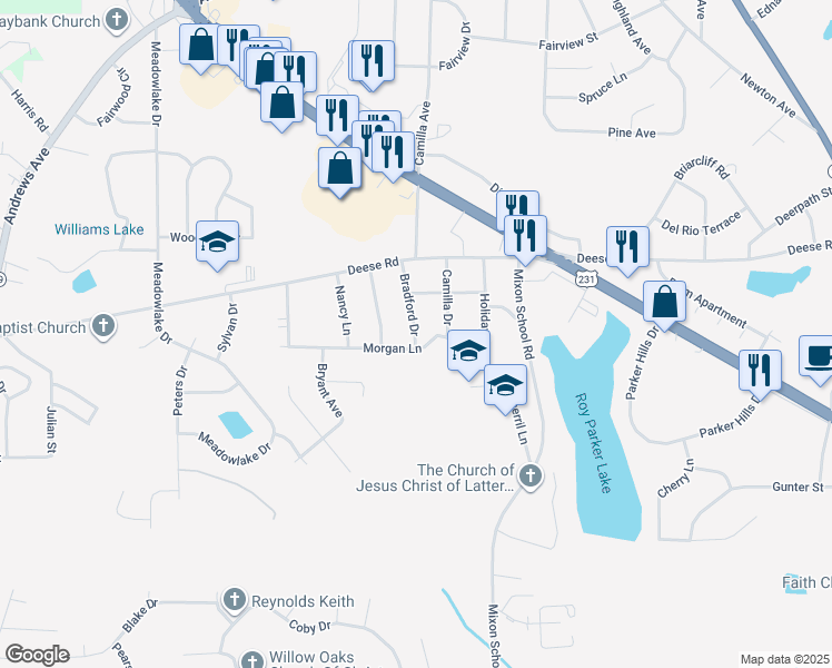 map of restaurants, bars, coffee shops, grocery stores, and more near 601-699 Morgan Lane in Ozark