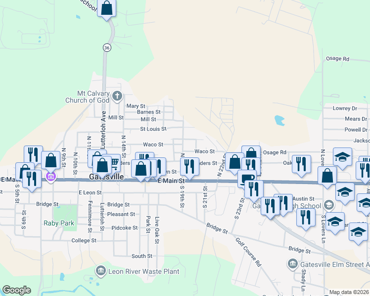 map of restaurants, bars, coffee shops, grocery stores, and more near 208 North 19th Street in Gatesville