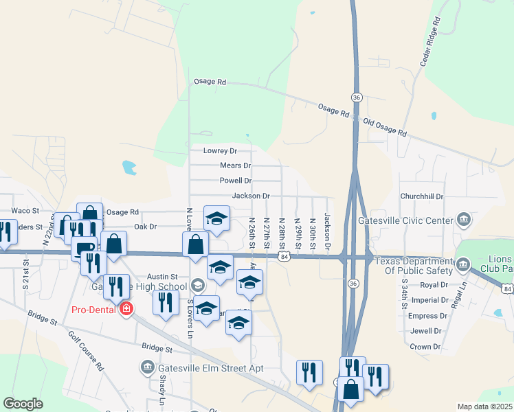 map of restaurants, bars, coffee shops, grocery stores, and more near 123 North 27th Street in Gatesville