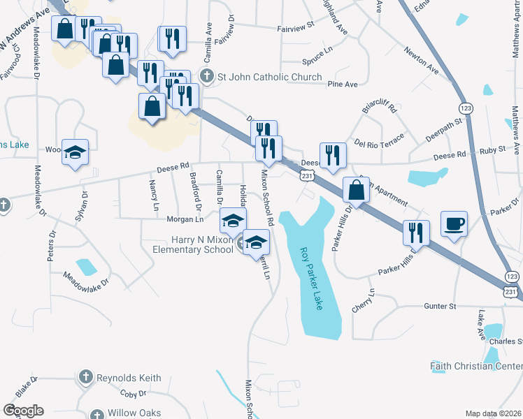 map of restaurants, bars, coffee shops, grocery stores, and more near 268 Mixon School Road in Ozark