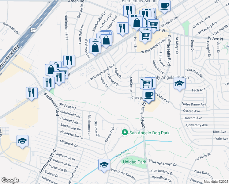 map of restaurants, bars, coffee shops, grocery stores, and more near Clare Drive in San Angelo
