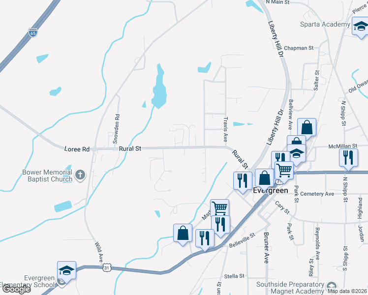 map of restaurants, bars, coffee shops, grocery stores, and more near Rural Street in Evergreen