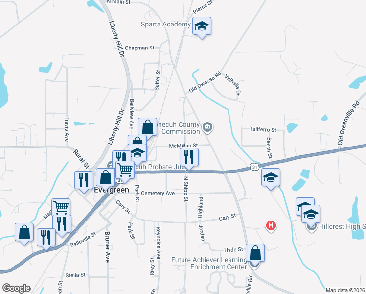 map of restaurants, bars, coffee shops, grocery stores, and more near 112 McMillan Street in Evergreen