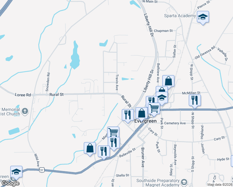 map of restaurants, bars, coffee shops, grocery stores, and more near 507 Rural Street in Evergreen