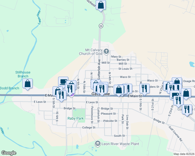 map of restaurants, bars, coffee shops, grocery stores, and more near 211 North Lutterloh Avenue in Gatesville