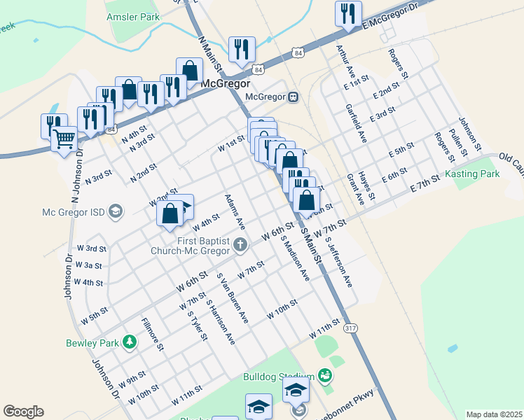 map of restaurants, bars, coffee shops, grocery stores, and more near 513 West 5th Street in McGregor