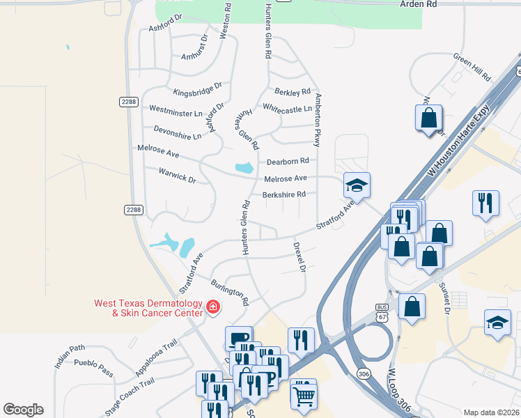 map of restaurants, bars, coffee shops, grocery stores, and more near 5930 Sheffield Drive in San Angelo