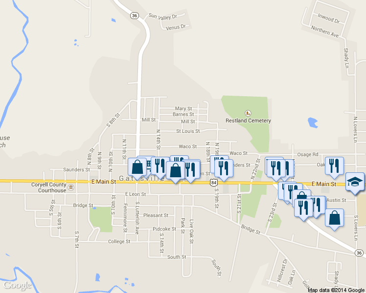 map of restaurants, bars, coffee shops, grocery stores, and more near Waco Street in Gatesville