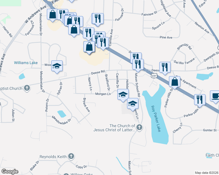 map of restaurants, bars, coffee shops, grocery stores, and more near 601-699 Morgan Lane in Ozark
