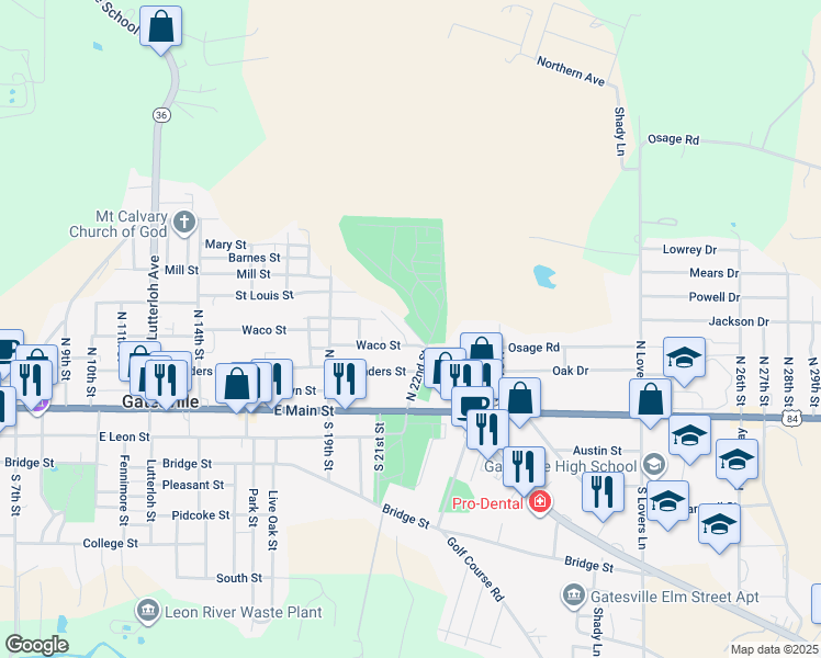 map of restaurants, bars, coffee shops, grocery stores, and more near 2114 Waco Street in Gatesville