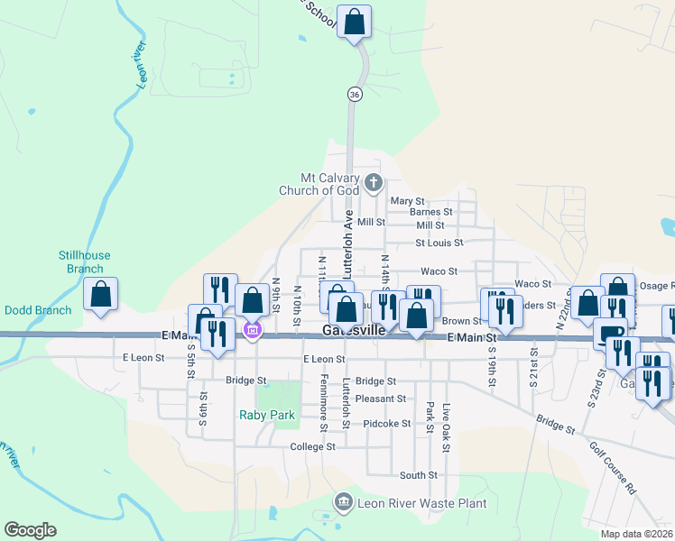 map of restaurants, bars, coffee shops, grocery stores, and more near 211 North Lutterloh Avenue in Gatesville