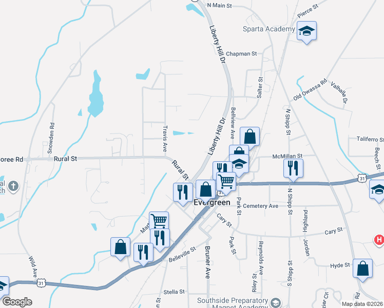 map of restaurants, bars, coffee shops, grocery stores, and more near 436-442 Rural Street in Evergreen