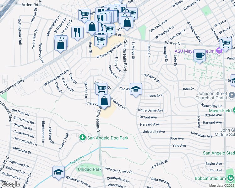 map of restaurants, bars, coffee shops, grocery stores, and more near 3101-3199 Sac Avenue in San Angelo