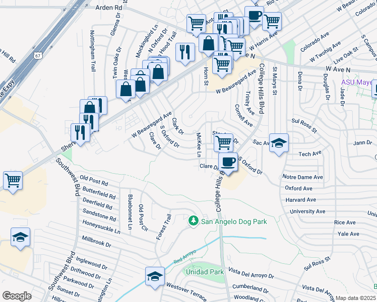 map of restaurants, bars, coffee shops, grocery stores, and more near 3500-3574 S Oxford Dr in San Angelo