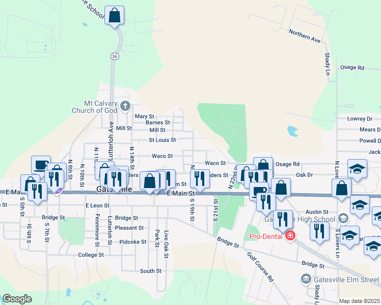 map of restaurants, bars, coffee shops, grocery stores, and more near 314 North 19th Street in Gatesville