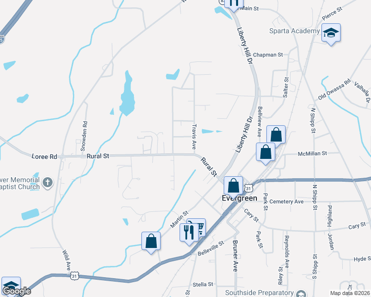 map of restaurants, bars, coffee shops, grocery stores, and more near 420 Rural Street in Evergreen