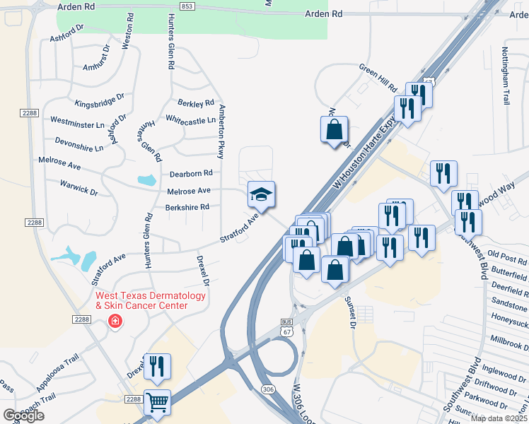map of restaurants, bars, coffee shops, grocery stores, and more near 5687 Melrose Avenue in San Angelo