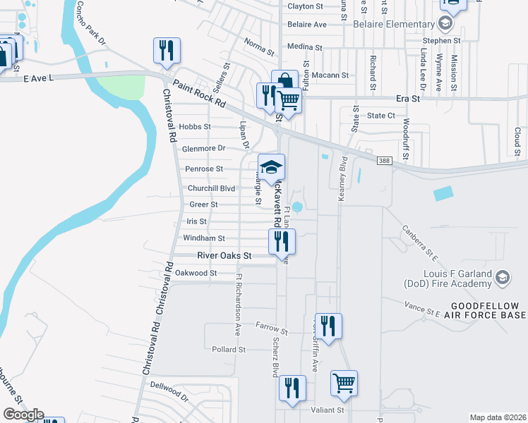 map of restaurants, bars, coffee shops, grocery stores, and more near 1900-1994 Margie Street in San Angelo