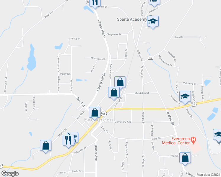 map of restaurants, bars, coffee shops, grocery stores, and more near County Highway 29 in Evergreen