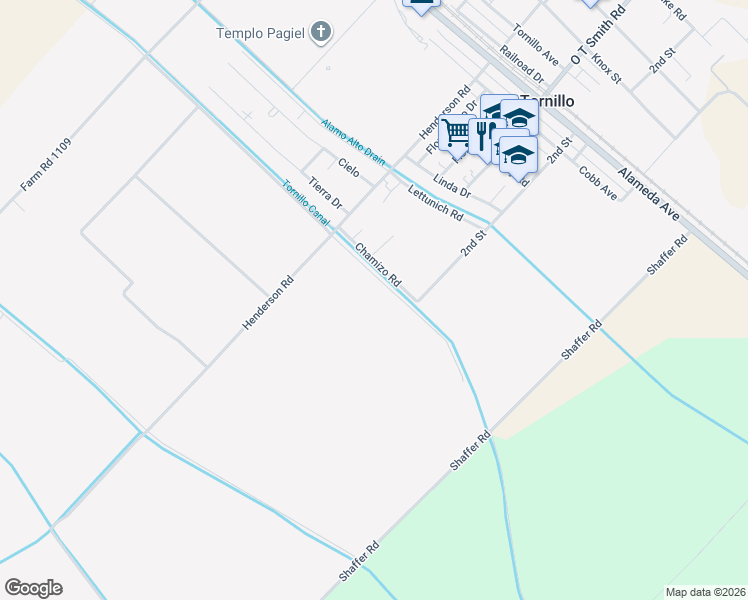 map of restaurants, bars, coffee shops, grocery stores, and more near 19220 Rancho Road in Tornillo