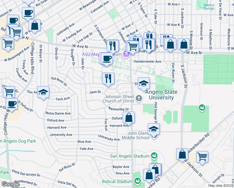 map of restaurants, bars, coffee shops, grocery stores, and more near 2501-2599 Dena Drive in San Angelo