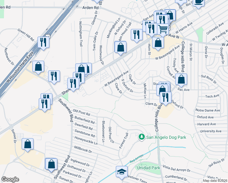 map of restaurants, bars, coffee shops, grocery stores, and more near 3600 Oak Creek Drive in San Angelo