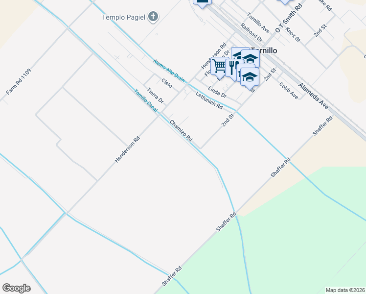 map of restaurants, bars, coffee shops, grocery stores, and more near 19220 Rancho Road in Tornillo