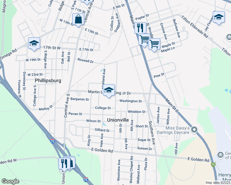 map of restaurants, bars, coffee shops, grocery stores, and more near 404 Martin Luther King Junior Drive in Tifton