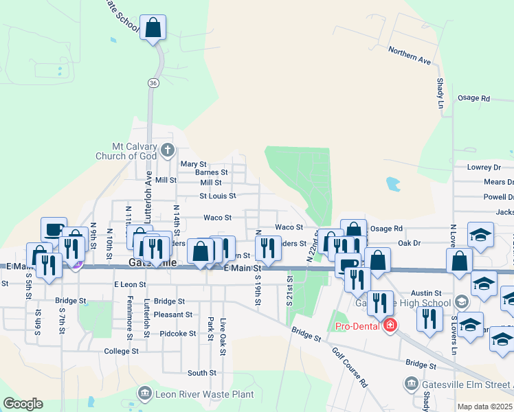 map of restaurants, bars, coffee shops, grocery stores, and more near 314 North 19th Street in Gatesville