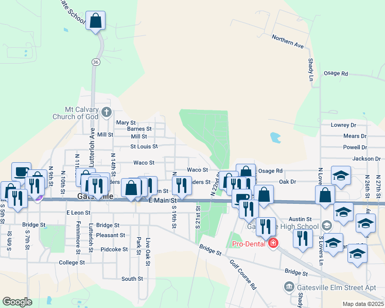 map of restaurants, bars, coffee shops, grocery stores, and more near 2003 Saint Louis Street in Gatesville