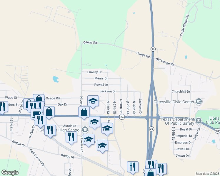 map of restaurants, bars, coffee shops, grocery stores, and more near 2606 Powell Drive in Gatesville