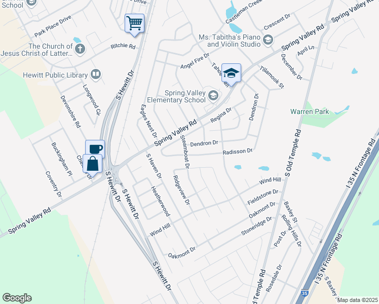 map of restaurants, bars, coffee shops, grocery stores, and more near 1333 Radisson Drive in Hewitt