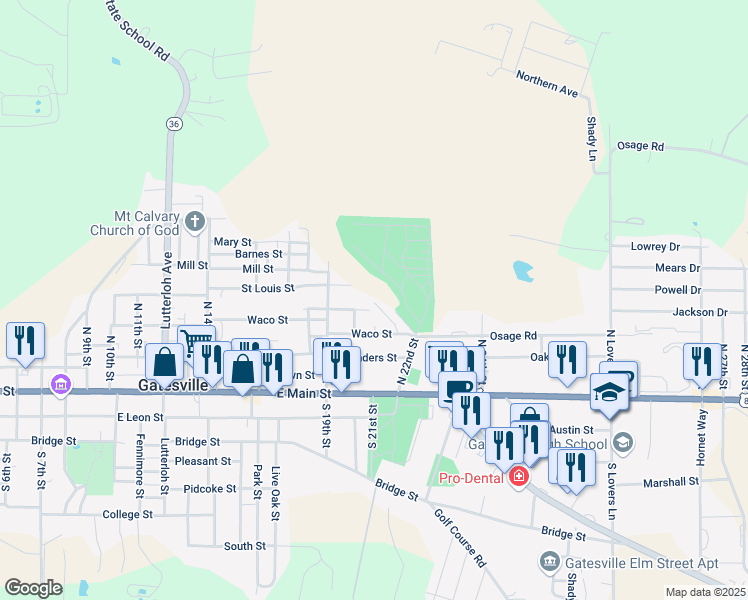 map of restaurants, bars, coffee shops, grocery stores, and more near 2003 Saint Louis Street in Gatesville
